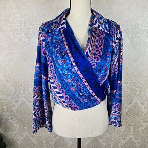 Zara Size Small Cropped Wrap Style Blouse Flared Sleeve Blue Pink Stripes Collar